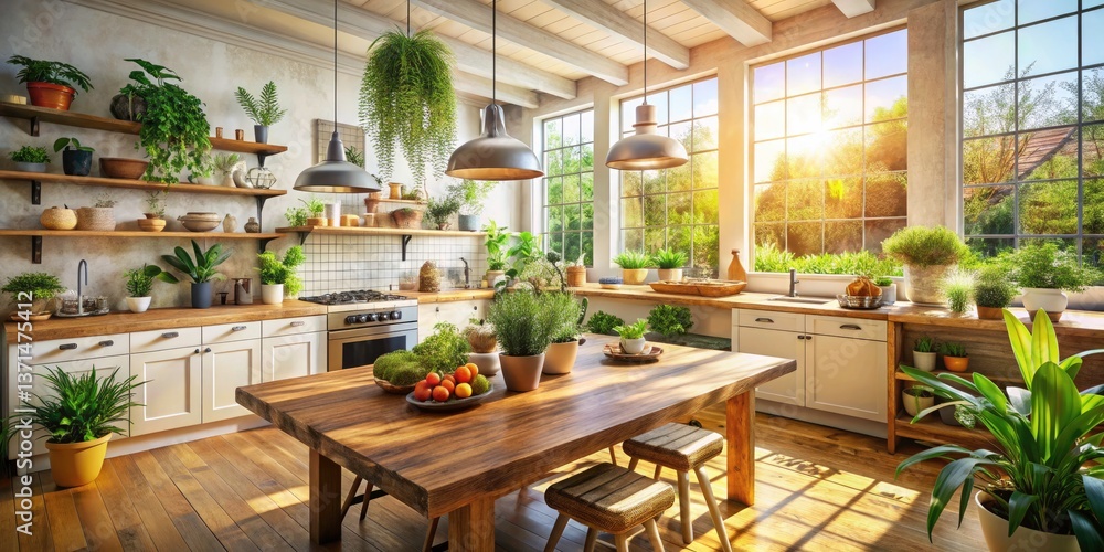 Bright and Airy Kitchen with Wooden Table, Potted Plants, and Long Exposure Effects for a Cozy Atmosphere Bright and Airy Kitchen with Wooden Table, Potted Plants, and Long Exposure Effects for a Cozy Atmosphere