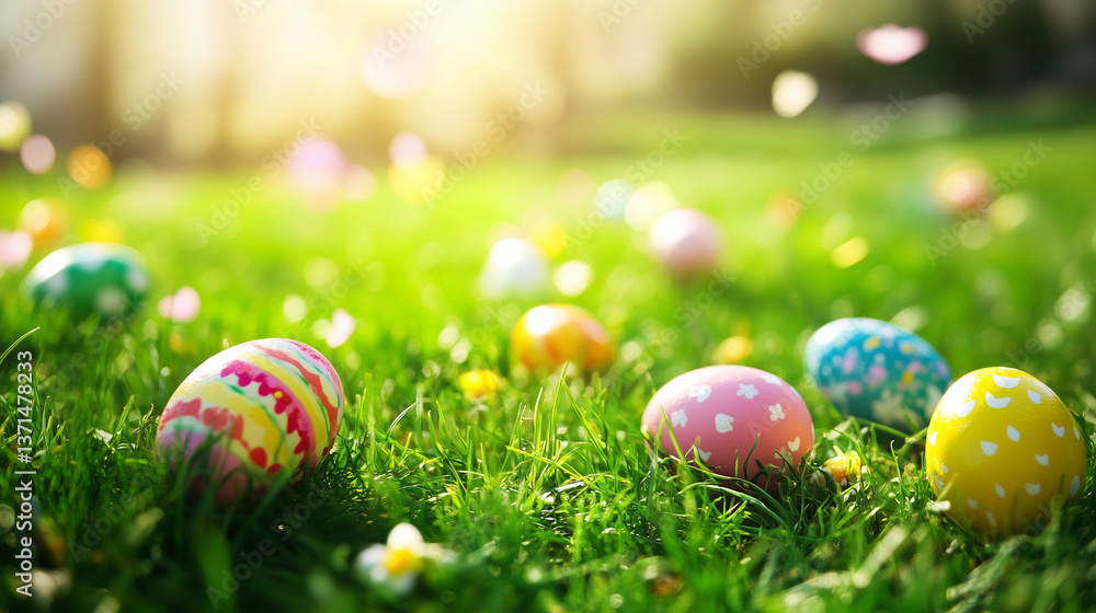 Easter egg hunt on grass, spring concept, easter Easter egg hunt on grass, spring concept, easter