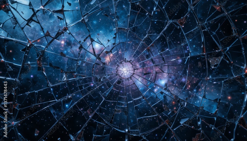 Obraz premium Cosmic Galaxy Through Fractured Glass Abstract Space Art