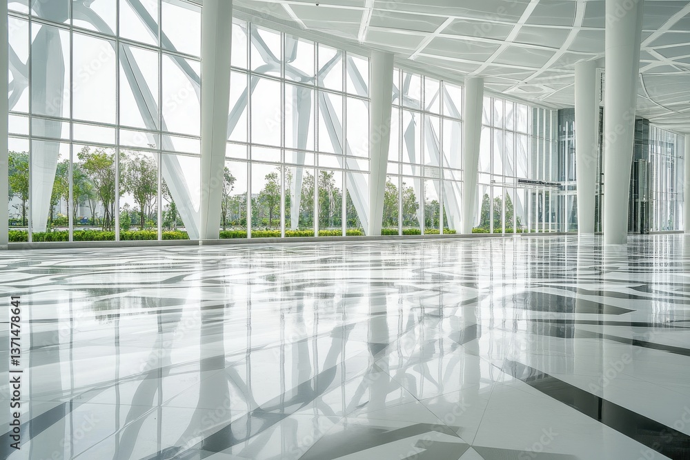 Fototapeta premium Modern Spacious Interior with Large Windows and Reflective Floor Surface