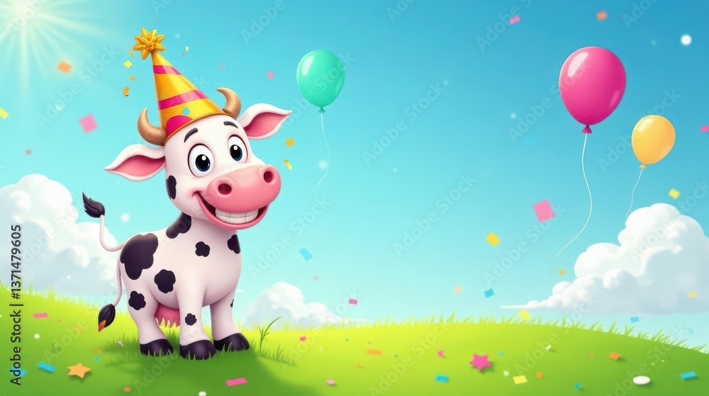 Naklejka premium Joyful Cow Celebrates a Festive Occasion with Balloons and Confetti in a Sunny Meadow