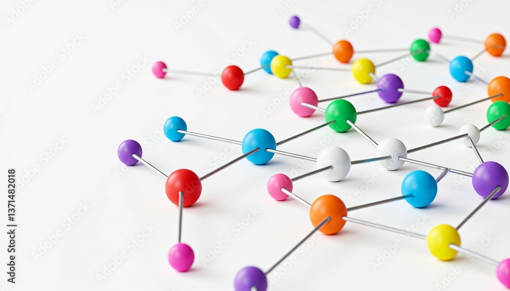 Obraz premium Colorful spheres connected, lines intertwined, abstract structure, full of technology sense.