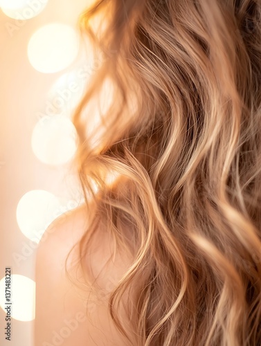 Close-up of woman�s long wavy hair cascading over her shoulder, softly illuminated with blurred pastel background, delicate and feminine