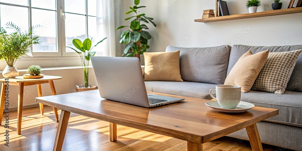 Fototapeta premium Cozy Home Office Setup: Laptop, Wooden Table, Sofa, Work From Home, Online Learning, Surreal Photography