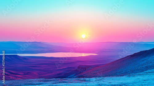 Vibrant Sunset Landscape: Pink and Purple Hues over Mountains and Lake