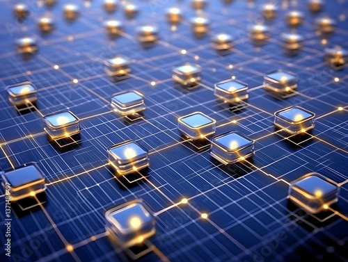 Abstract 3D Illustration of a Futuristic Network System with Glowing Blue and Yellow Lights
