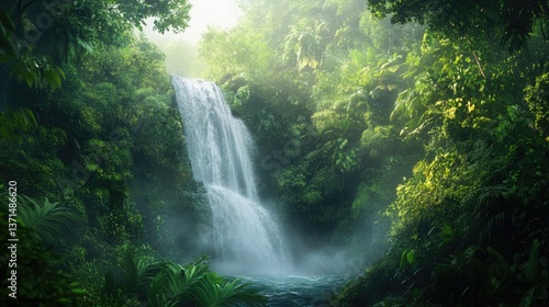 Waterfall in a lush rainforest jungle, mist rising from the cascade