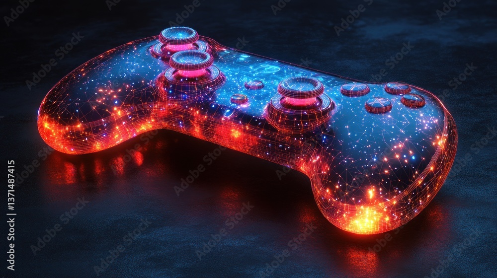 Obraz premium Futuristic glowing gaming controller on dark surface with starry background