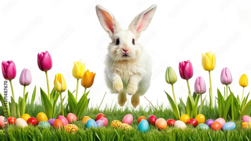 Fototapeta premium Easter Bunny Spring Lawn Tulips Eggs Photo - Fluffy Bunny Jumping Colorful Easter Scene