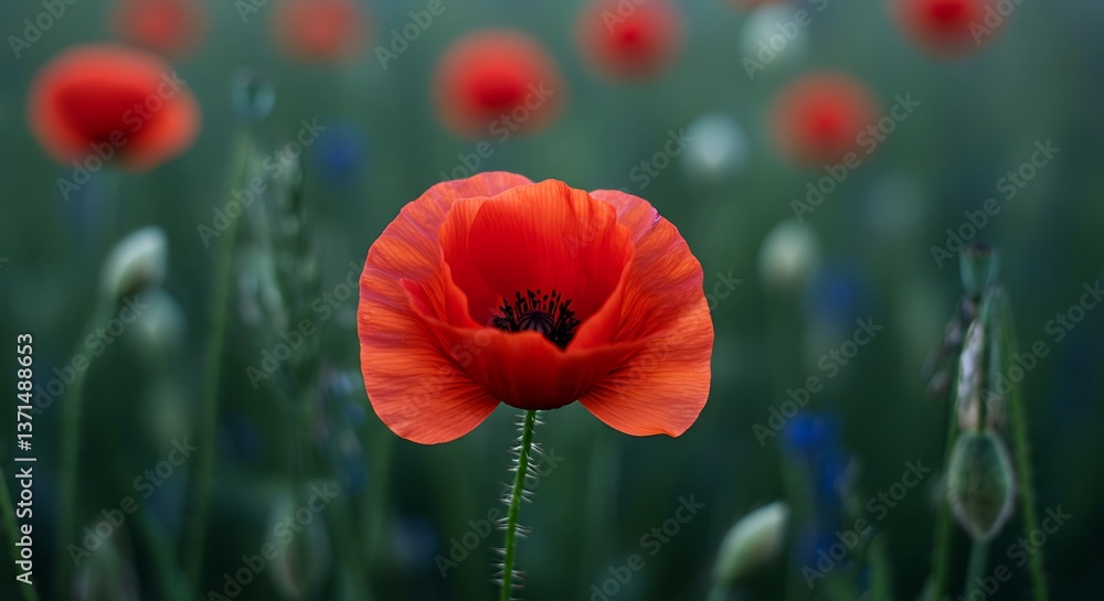 Obraz premium Blooming Red Poppy Flower in a Field with Soft Background