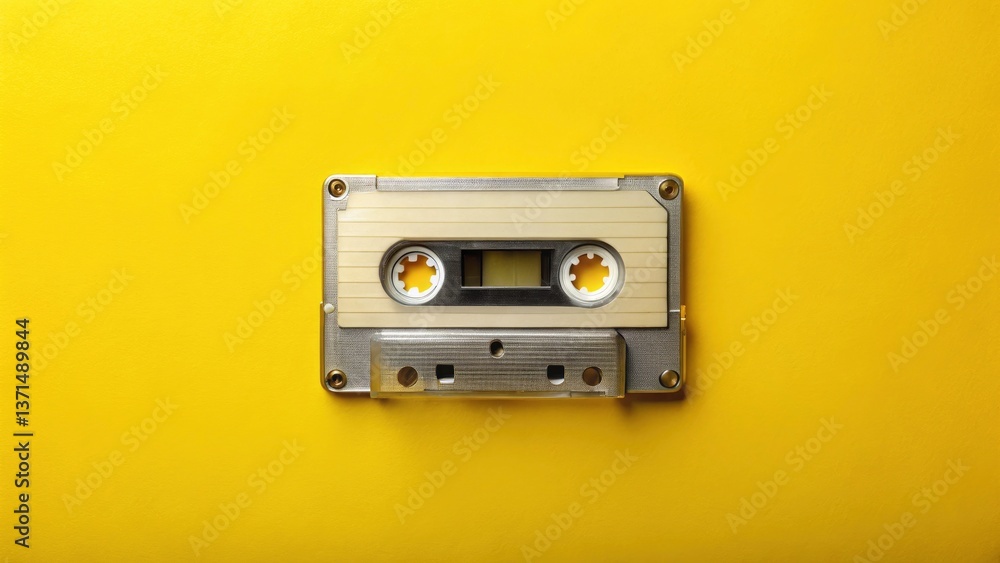 Obraz premium Surreal Vintage Cassette Tape Photography: Yellow Background, Retro Music, 80s Aesthetic, Analog Media, Cassette Player, Music Tape, Retro Cassette, Surreal Art