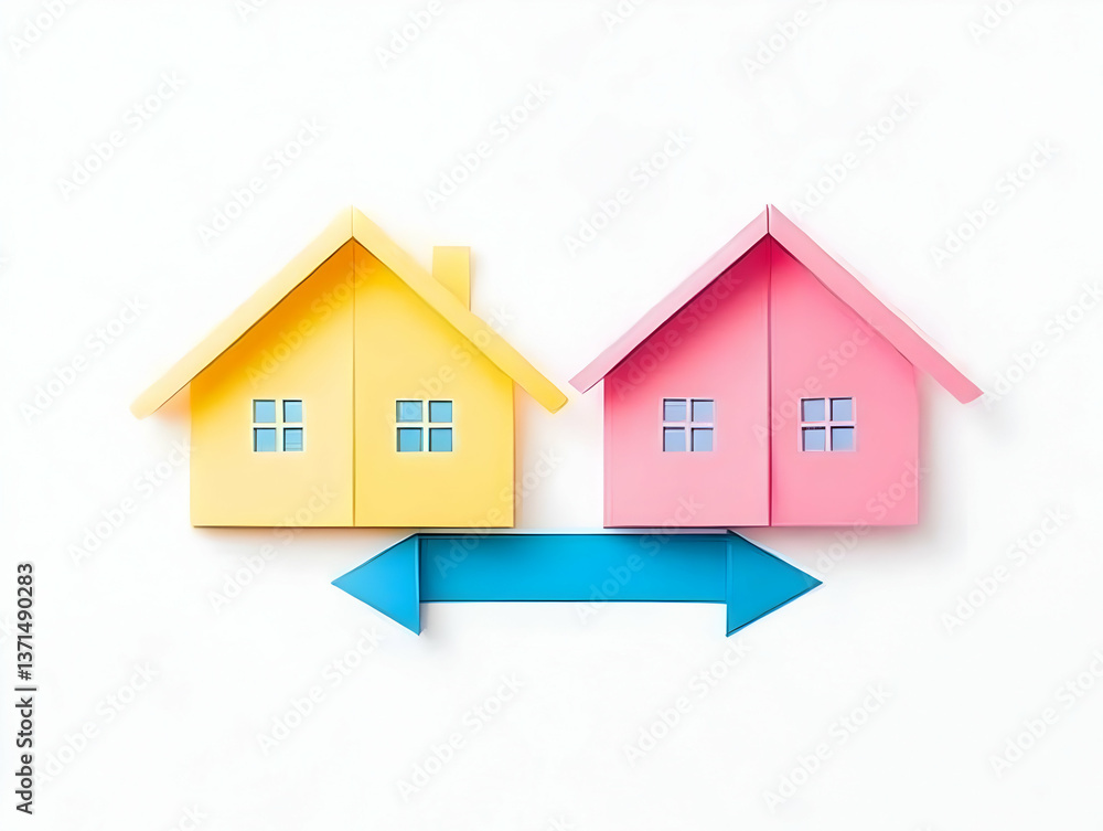 Abstract Illustration Of Two Colorful Houses With Blue Arrows For Property Abstract Illustration Of Two Colorful Houses With Blue Arrows For Property