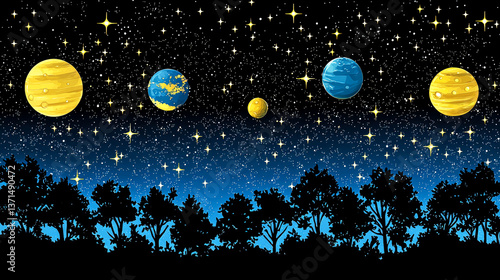 Cosmic Night: Planets, Stars, and Silhouetted Trees