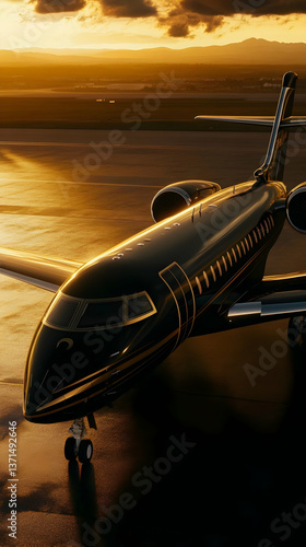 Black Jet Airplane Parked With Golden Sunset Lighting Photo