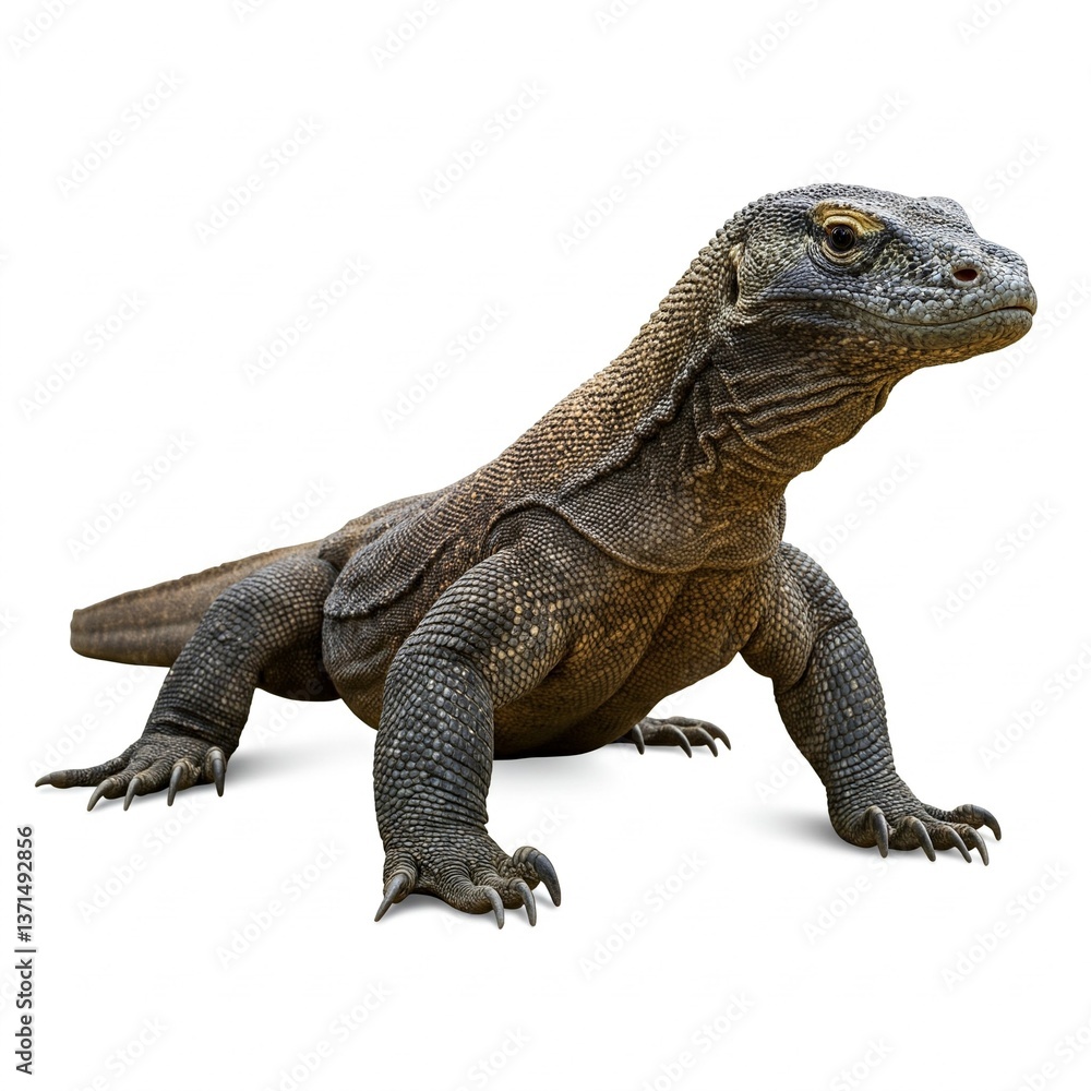 Obraz premium Rare and magnificent Komodo dragon isolated on white background, perfect for conservation stock imagery 