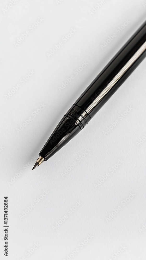 Close-up view of sleek black pen on plain white surface minimalism Close-up view of sleek black pen on plain white surface minimalism