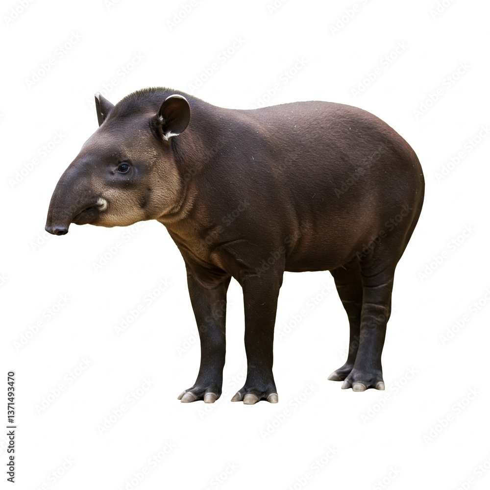 Fototapeta premium Endangered Asian tapir standing isolated on white background, perfect for wildlife conservation awareness 
