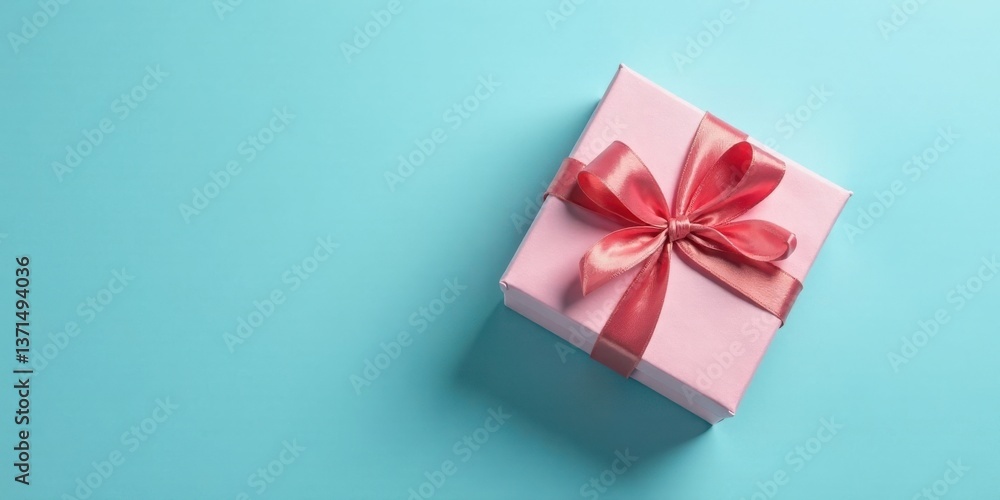 A delicately tied pink ribbon adorns a pastel pink present box, resting on a light blue background, conveying a sense of thoughtful gifting and celebration A delicately tied pink ribbon adorns a pastel pink present box, resting on a light blue background, conveying a sense of thoughtful gifting and celebration
