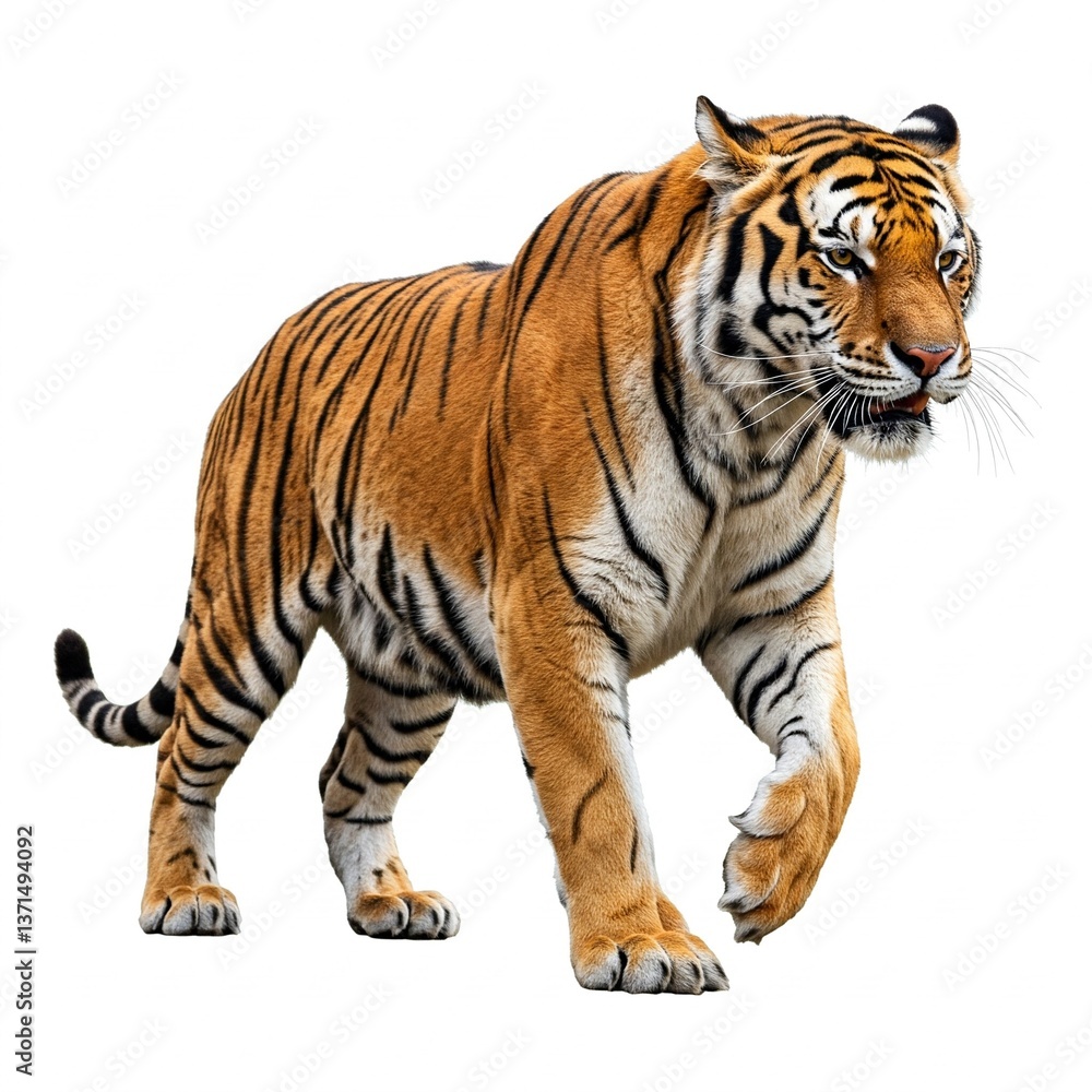Obraz premium Fierce Tiger walking isolated on white background, perfect for wildlife documentaries, nature conservation awareness, and animal photography.