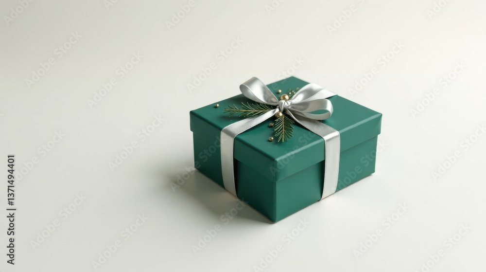 A luxuriously wrapped emerald green gift box, adorned with a silver ribbon and festive greenery, sits elegantly on a pristine white surface. A luxuriously wrapped emerald green gift box, adorned with a silver ribbon and festive greenery, sits elegantly on a pristine white surface.