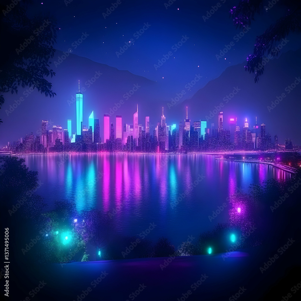 Digital Illustration of a Neon Lit Cityscape Reflected in a Tranquil Lake at Night Digital Illustration of a Neon Lit Cityscape Reflected in a Tranquil Lake at Night