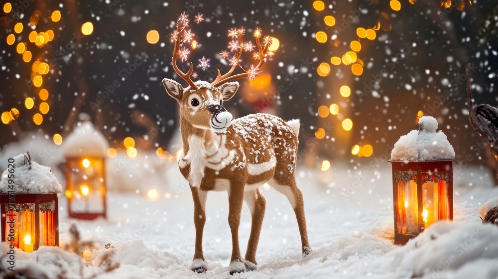 Cute Reindeer Christmas Scene: Snowflakes Lanterns and Holiday Lights Cute Reindeer Christmas Scene: Snowflakes Lanterns and Holiday Lights
