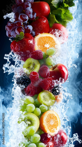 Fresh Fruit Splash In Water Photo With Dynamic Arrangement And Colorful Background