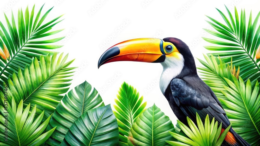 Naklejka premium Vibrant Toucan Jungle Fashion Photography - Exotic Bird Runway, Tropical Fashion Shoot, Wild Bird Style