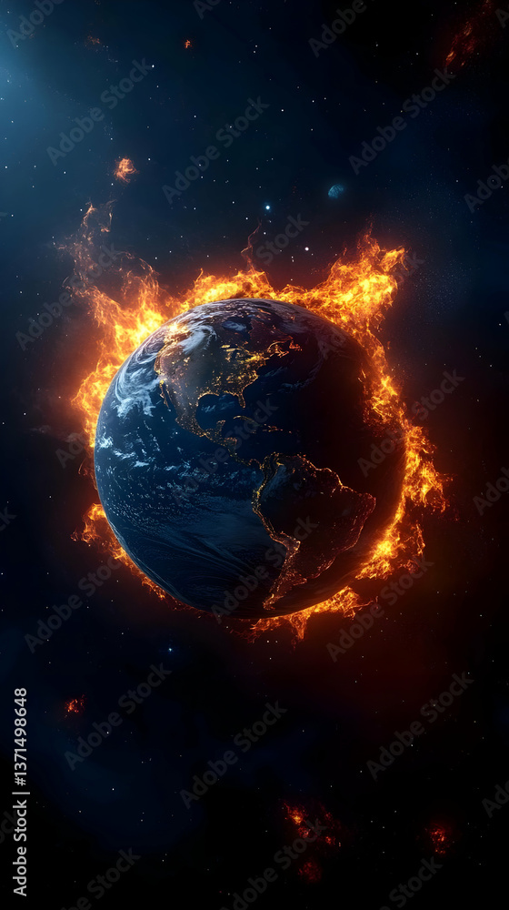 Illustration Of Burning Earth Planet In Fiery Space Dramatic Universe Illustration Of Burning Earth Planet In Fiery Space Dramatic Universe