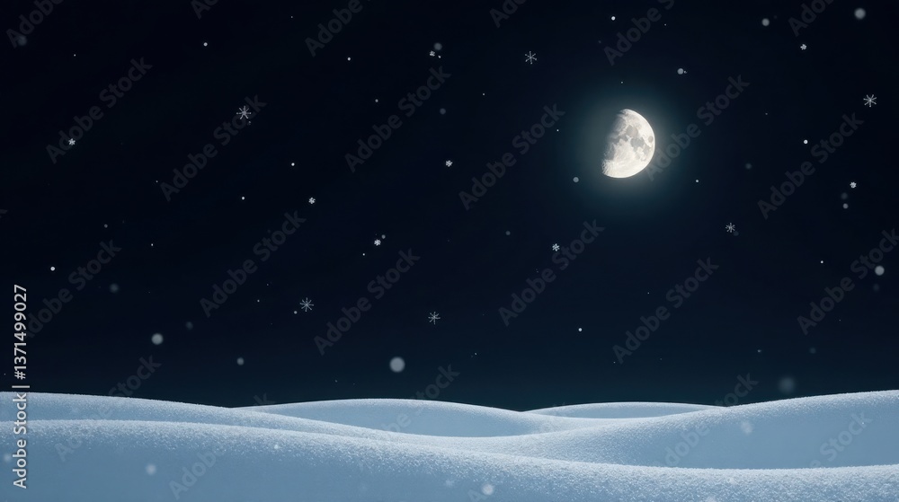 Serene Winter Night Snow Covered Landscape Under a Half Moon and Falling Snowflakes Serene Winter Night Snow Covered Landscape Under a Half Moon and Falling Snowflakes