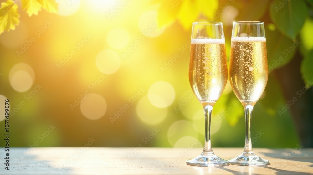 Golden Hour Celebration Two Sparkling Champagne Flutes on a Sunny Wooden Table with a Soft Focus Green Leaf Background Golden Hour Celebration Two Sparkling Champagne Flutes on a Sunny Wooden Table with a Soft Focus Green Leaf Background