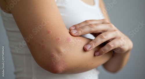 Close-up of a Woman's Arm with Eczema, Showing Red, Itchy, and Inflamed Skin, Dry Skin, Skin Irritation