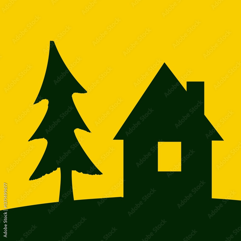 Fototapeta premium illustration of green house and pine tree on yellow background. concept of green housing. suitable as a logo for green house property