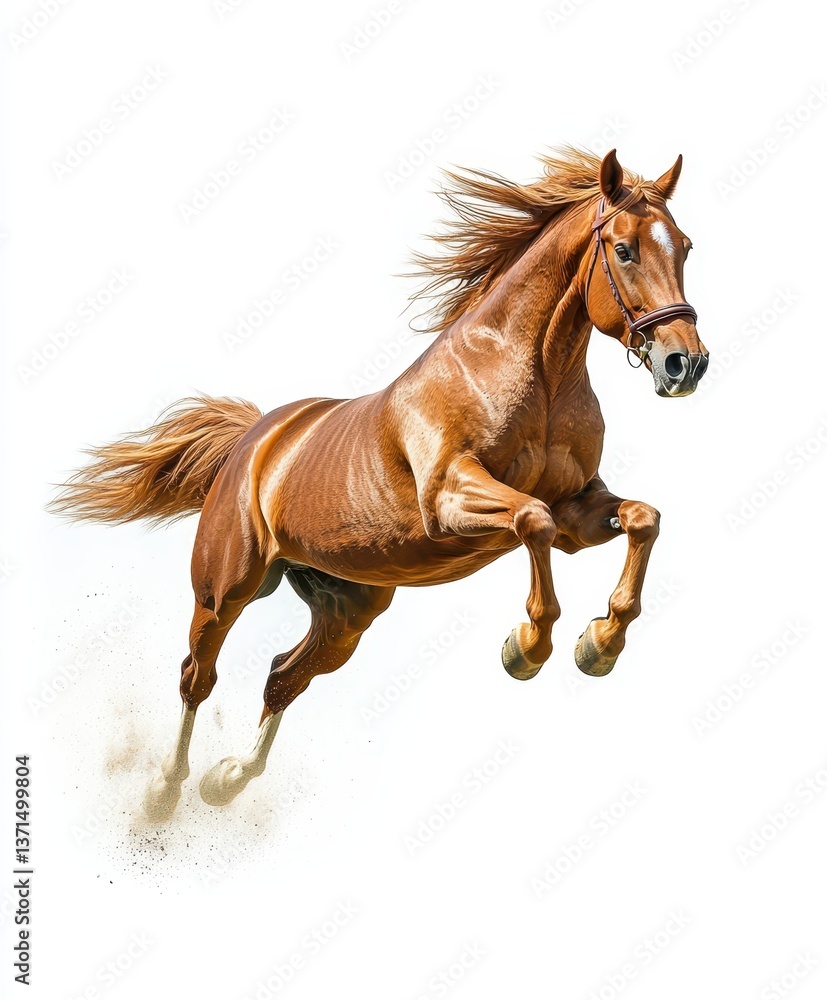 Obraz premium A cheerful horse leaping joyfully against a clean white background, capturing the grace and energy of the animal mid-air, with its mane flowing in motion