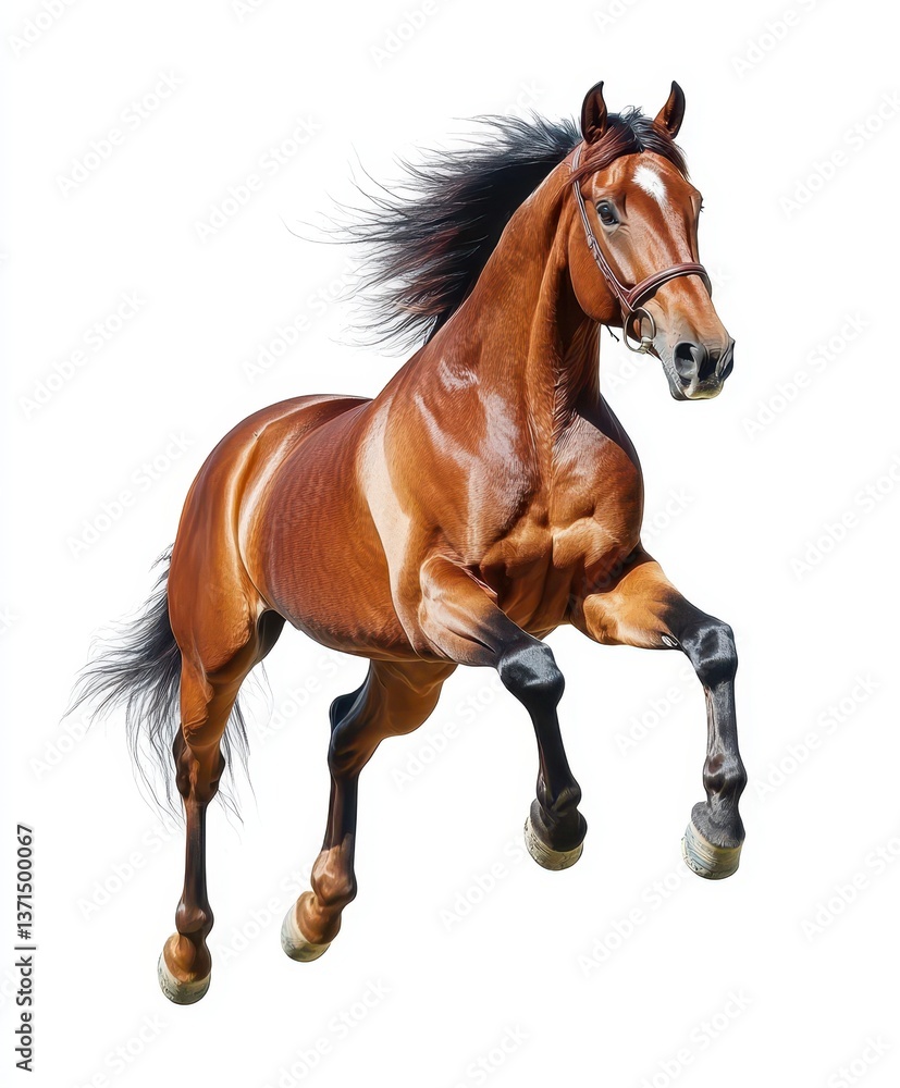 A dynamic and cheerful horse jumping with full energy, its legs extended and mane flying, captured in front of a white background, showcasing its vitality. A dynamic and cheerful horse jumping with full energy, its legs extended and mane flying, captured in front of a white background, showcasing its vitality.