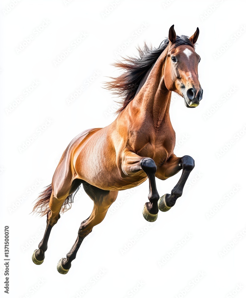 Fototapeta premium A dynamic and cheerful horse jumping with full energy, its legs extended and mane flying, captured in front of a white background, showcasing its vitality.