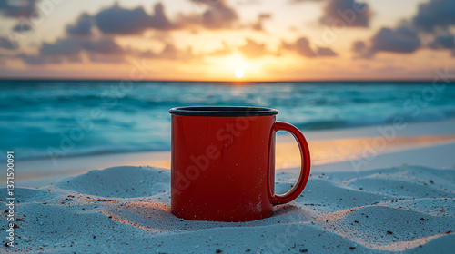 Red Mug on Sandy Beach at Sunset: Tranquil Ocean View