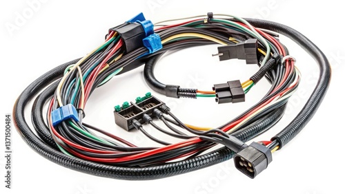 Long Exposure Photo of Automotive Engine Wiring Harness, Isolated White Background, Clipping Path, Detailed Closeup