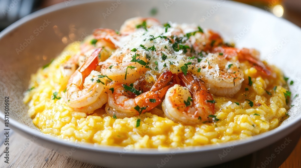 Creamy bowl of risotto with saffron, shrimp, and parmesan Creamy bowl of risotto with saffron, shrimp, and parmesan