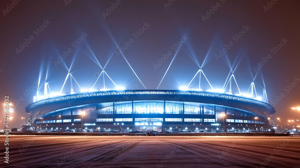 Obraz premium Night Illuminated Stadium With Blue Lights And Foggy Sky Photo