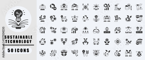 sustainable technology black icon set. Covers solar panel, eco friendly, energy efficient, environmental, social development, technology, economic growth. Simple vector illustration.