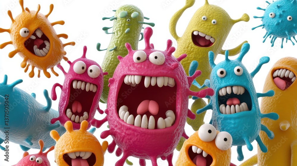 Fototapeta premium A whimsical depiction of a bacteria party, animated characters, joyful expressions, isolated on white background