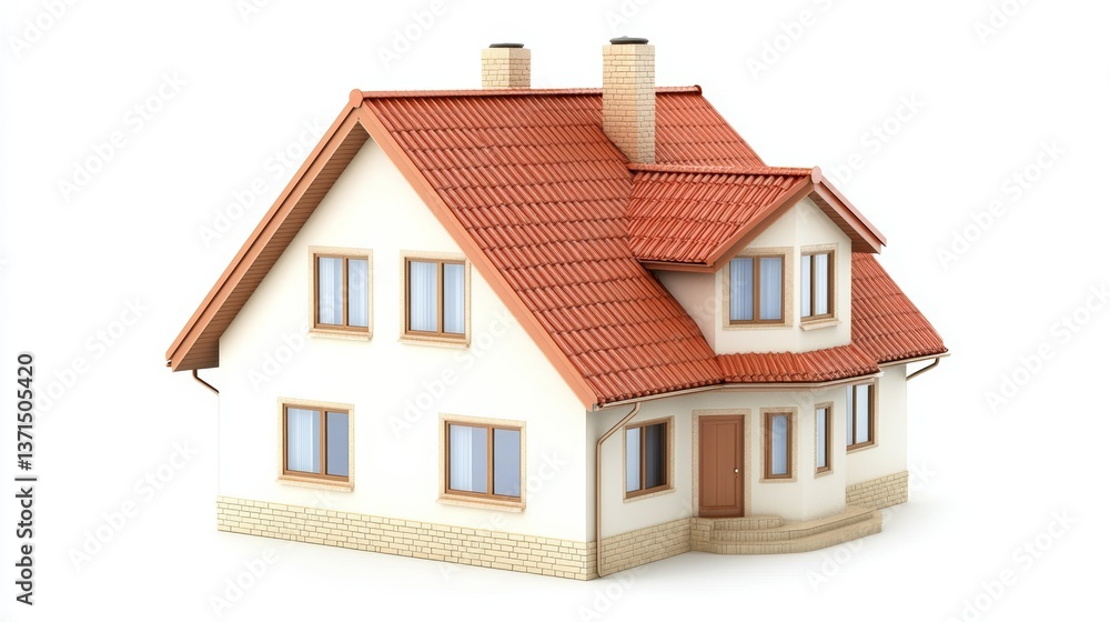 House with Red Tile Roof Chimneys and Windows Isolated House with Red Tile Roof Chimneys and Windows Isolated