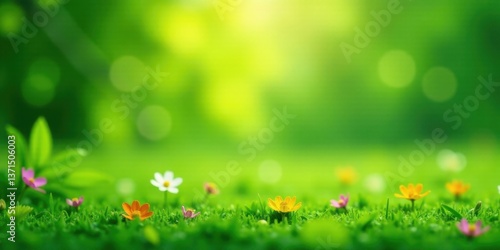 Vibrant Spring Meadow with Blooming Wildflowers in Lush Green Grass under a Sunny Sky