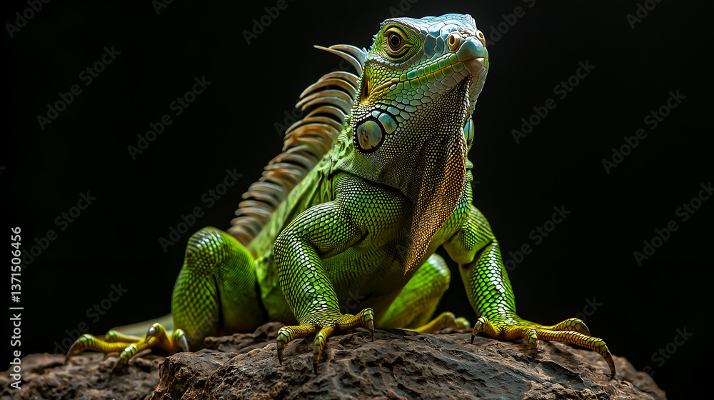 Fototapeta premium Exotic Green Iguana Staring in Nature - Vibrant Lizard Close-Up in Tropical Forest Habitat
