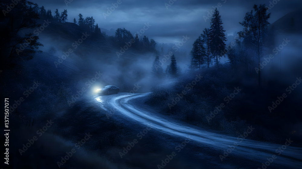 Fototapeta premium Photo of a Winding Dirt Road in a Misty Forest at Night with Blue Hues