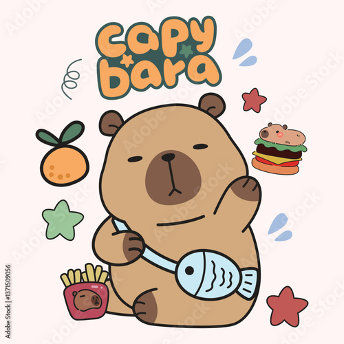 bstract image of a capybara carrying a fish bag with a hamburger, star, and orange. Suitable for printing on fabric, t-shirts, and decorations.