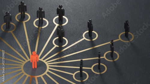 3D illustration of a RED compass rose with five pawns. Business strategy and guidance concept.3D rendering on black background.