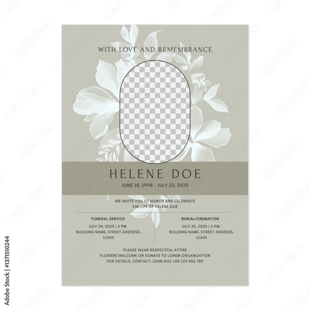 Fototapeta premium Floral funeral service invitation template features a translucent floral design and an oval placeholder for a photo on a soft green background. The overall tone is somber and respectful