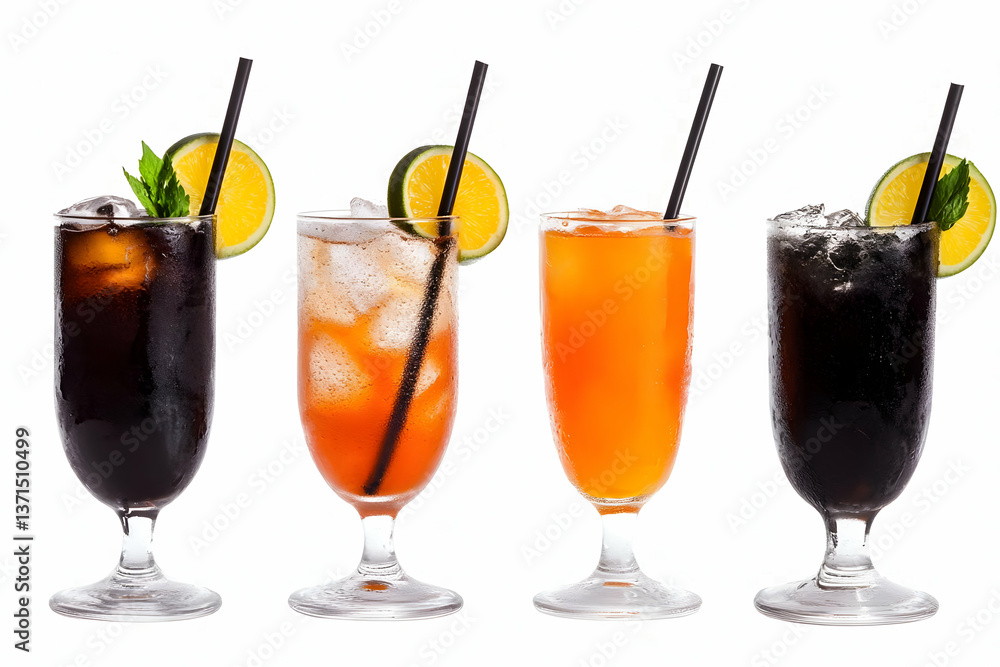 Photo of Colorful Refreshing Cocktails with Fruit and Ice Isolated on White Background Photo of Colorful Refreshing Cocktails with Fruit and Ice Isolated on White Background